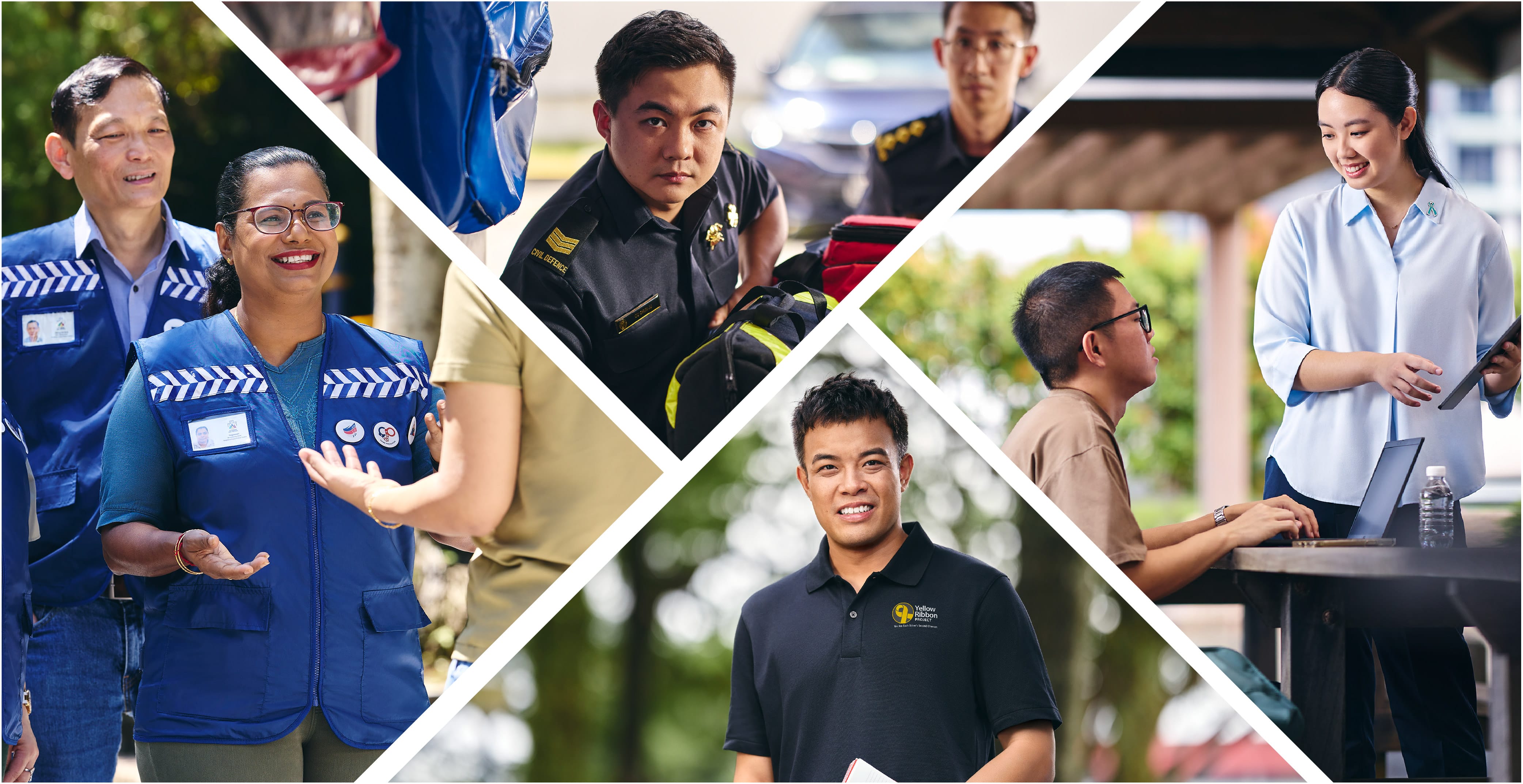 Singapore Police officers in blue uniforms converse with a person in a black shirt.